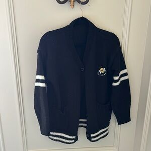 Black Cardigan with White Stripes and Bee Logo